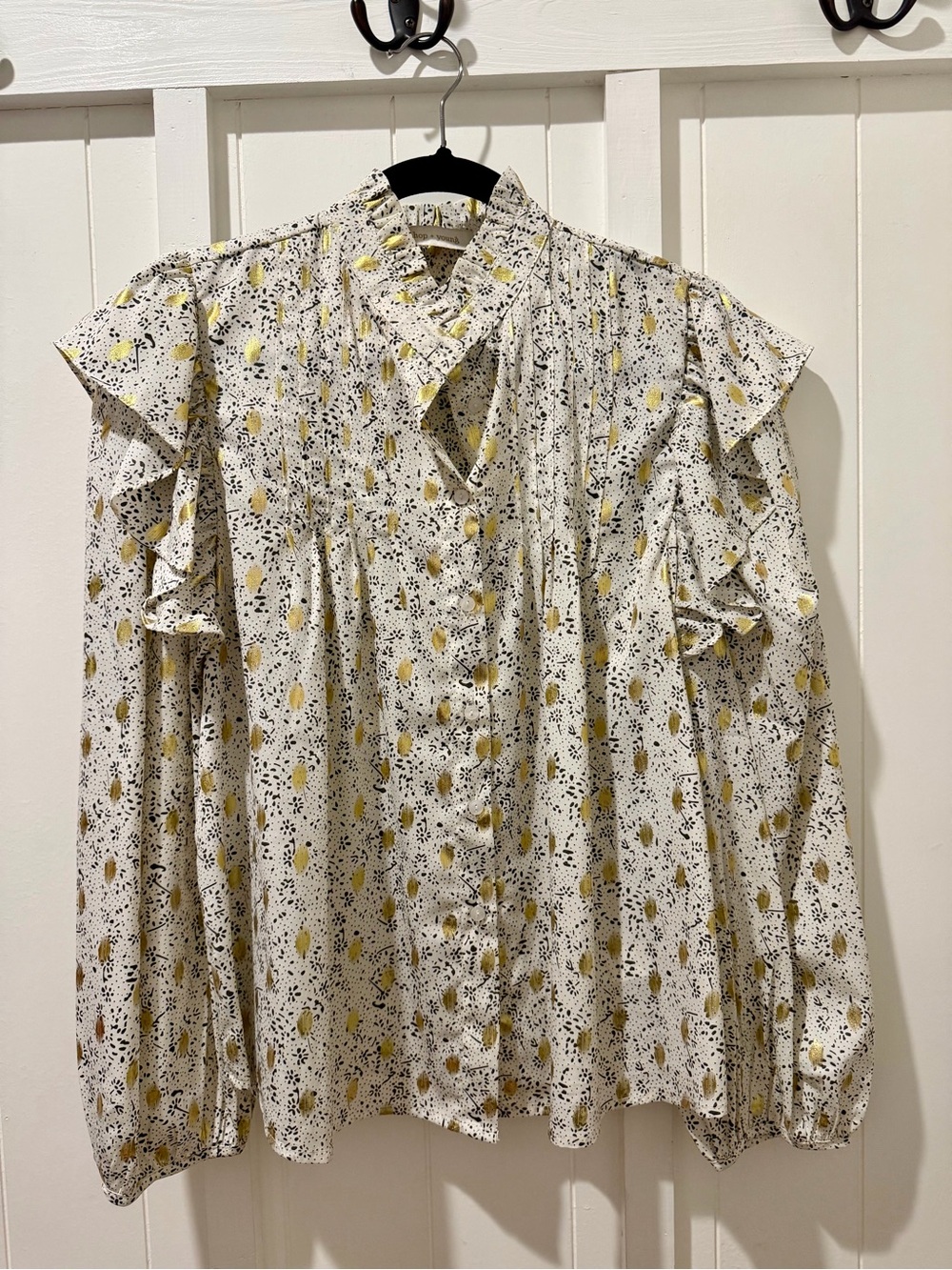 Bishop + Young Gold Metallic Ruffle Blouse – Size Medium